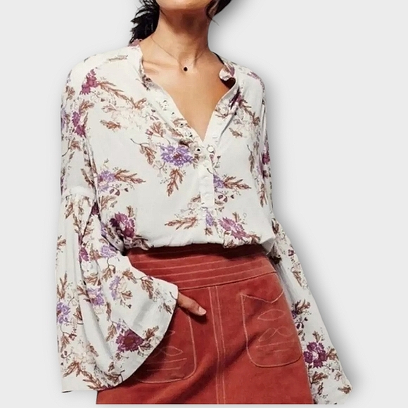 Free People Easy Girl Bell Sleeve Floral Top NEW Western Floral Tunic Oversized - Picture 12 of 17